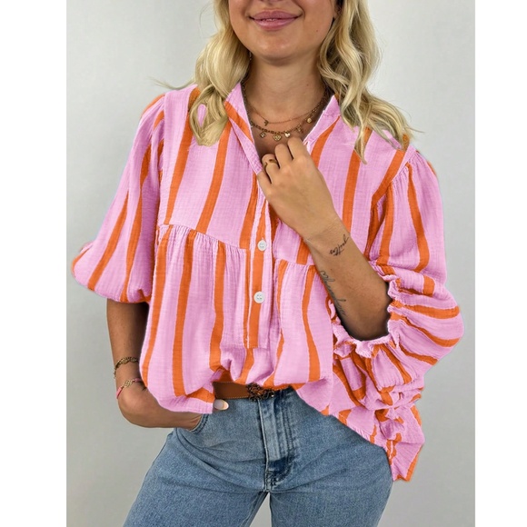 Pink with Red Stripes Oversized Button Down Shirt Batwing Sleeve - Picture 2 of 5